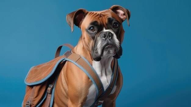 Boxerhund mit geflochtenem Haar und Rucksack auf blauem Hintergrund. Generative KI