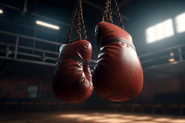 Boxhandschuhe hängen in einer dunklen Turnhalle und werden von einem Licht beleuchtet.