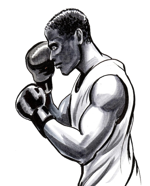 Boxsportler. Tinte Schwarz-Weiß-Zeichnung