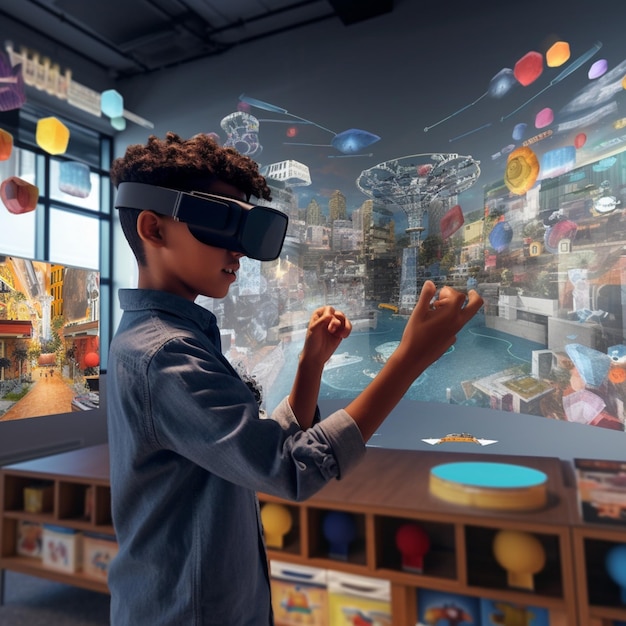 Foto boy in a blue shirt using a virtual reality device in a classroom generative ai