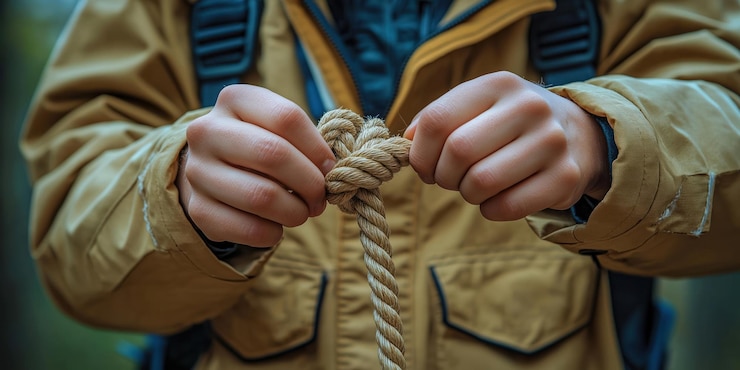 Foto boy scout en uniforme ata meticulosamente el nudo actividad de exploración al aire libre prácticas de exploración de nudo