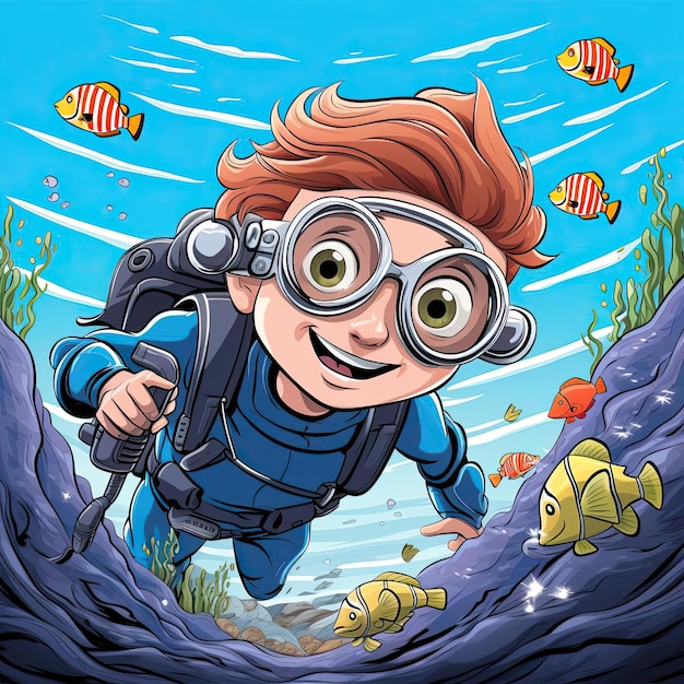Foto boy scuba diving página para colorear con peces y corales