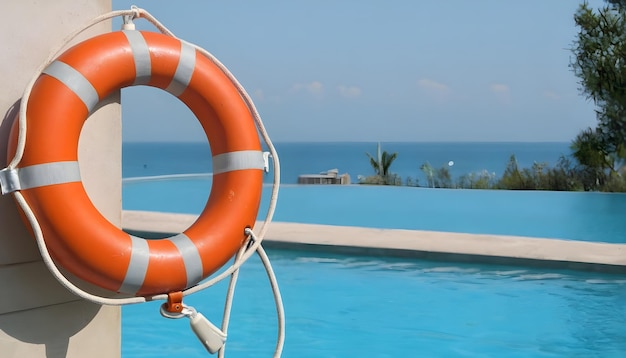 una boya salvavidas a la orilla de una piscina con agua en el fondo