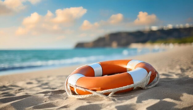 La boya salvavidas en la playa de arena simboliza la ayuda y el apoyo en el desafío de la vida