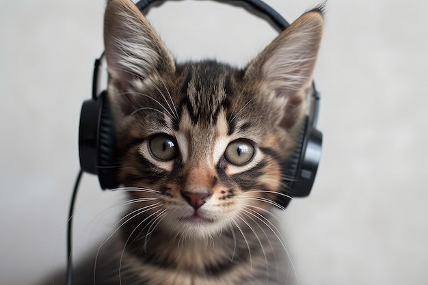 Bozal aislado de un gatito escuchando música con auriculares en un fondo blanco
