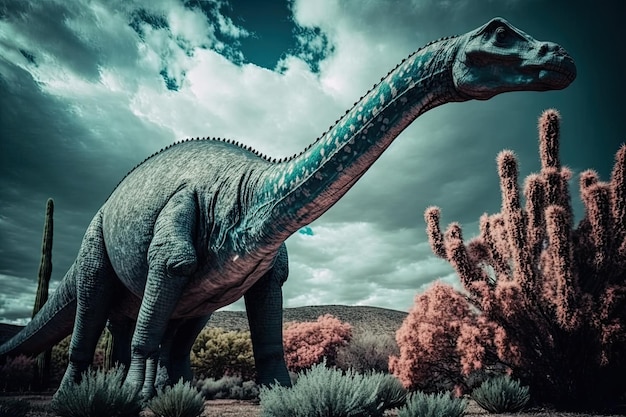 Brachiosaurus colorido dinosaurio peligroso en la exuberante naturaleza prehistórica por IA generativa