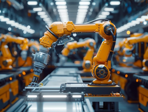 Braço de robô industrial amarelo na linha de produção em uma fábrica moderna braço de robótico amarelo em manutenção