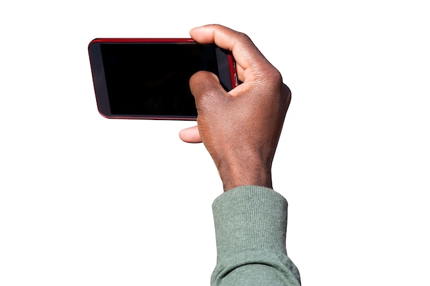 Braço, de, um, homem americano africano, levando, foto, por, dispositivo móvel, e, tocar, telefone móvel, exposição, isolado, branco, fundo