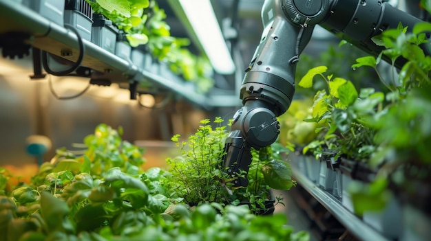 Braço robótico a cuidar de plantas de manjericão numa quinta vertical automática interior Tecnologia agrícola inteligente e conceito de produção de alimentos com IA e robótica