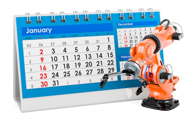 Foto braço robótico com renderização 3d de calendário de mesa