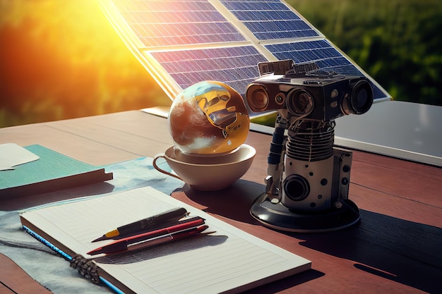 Braço robótico em meio a painel solar e diário na mesa em casa Generative Ai