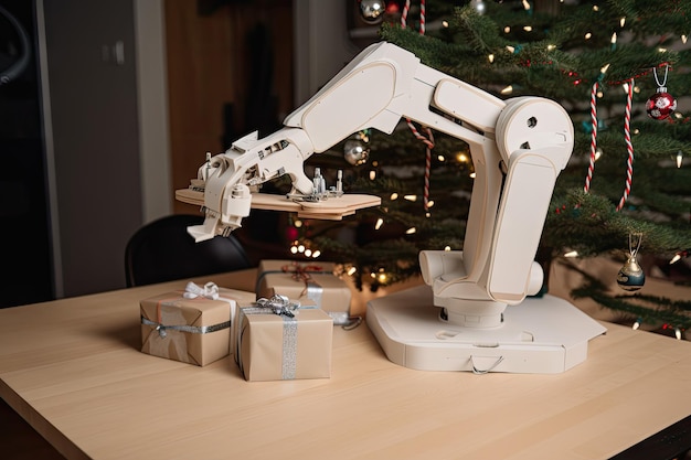 Braço robótico envolvendo presentes e colocando-os sob a árvore criada com IA generativa