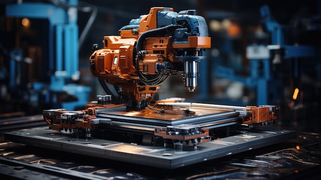 Braço Robótico Industrial Avançado em Ação numa Instalação de Fabricação de Alta Tecnologia