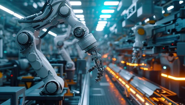 Braço robótico na linha de produção Conceito de automação e robótica