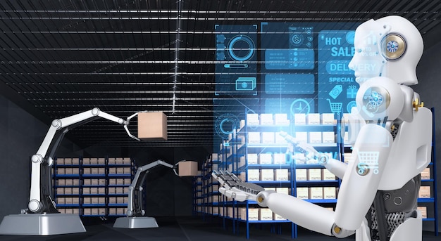 Braço robótico Objeto para tecnologia da indústria de fabricação Exportação e importação de produtos do futuro Robô cibernético no armazém à mão tecnologia mecânica futura