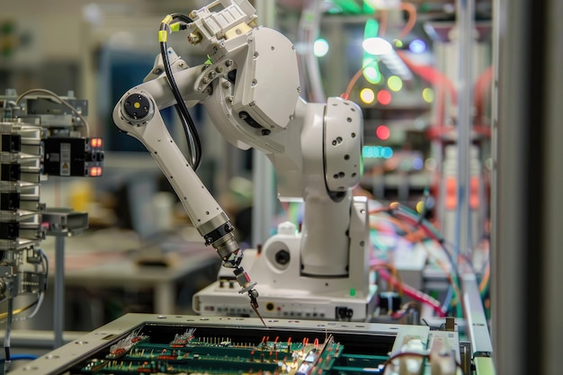 Braço robótico para linha de montagem eletrônica Automação de fábrica moderna inteligente usando máquinas avançadas