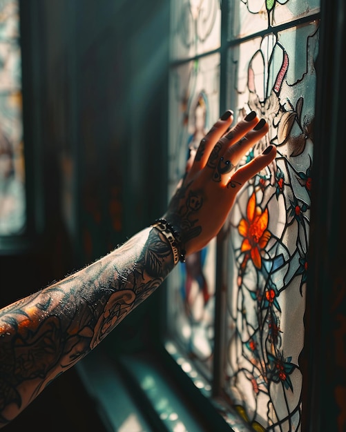 Braço tatuado alcançando o vitral da igreja