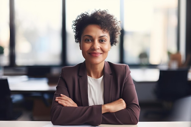 Braços de mulher de negócios cruzados retrato e mesa de sorriso no escritório para laptop de papelada ou administração