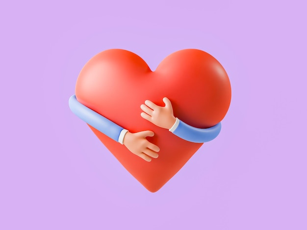 Foto braços de um personagem de desenho animado 3d abraçando um coração vermelho em uma renderização 3d de fundo roxo isolado