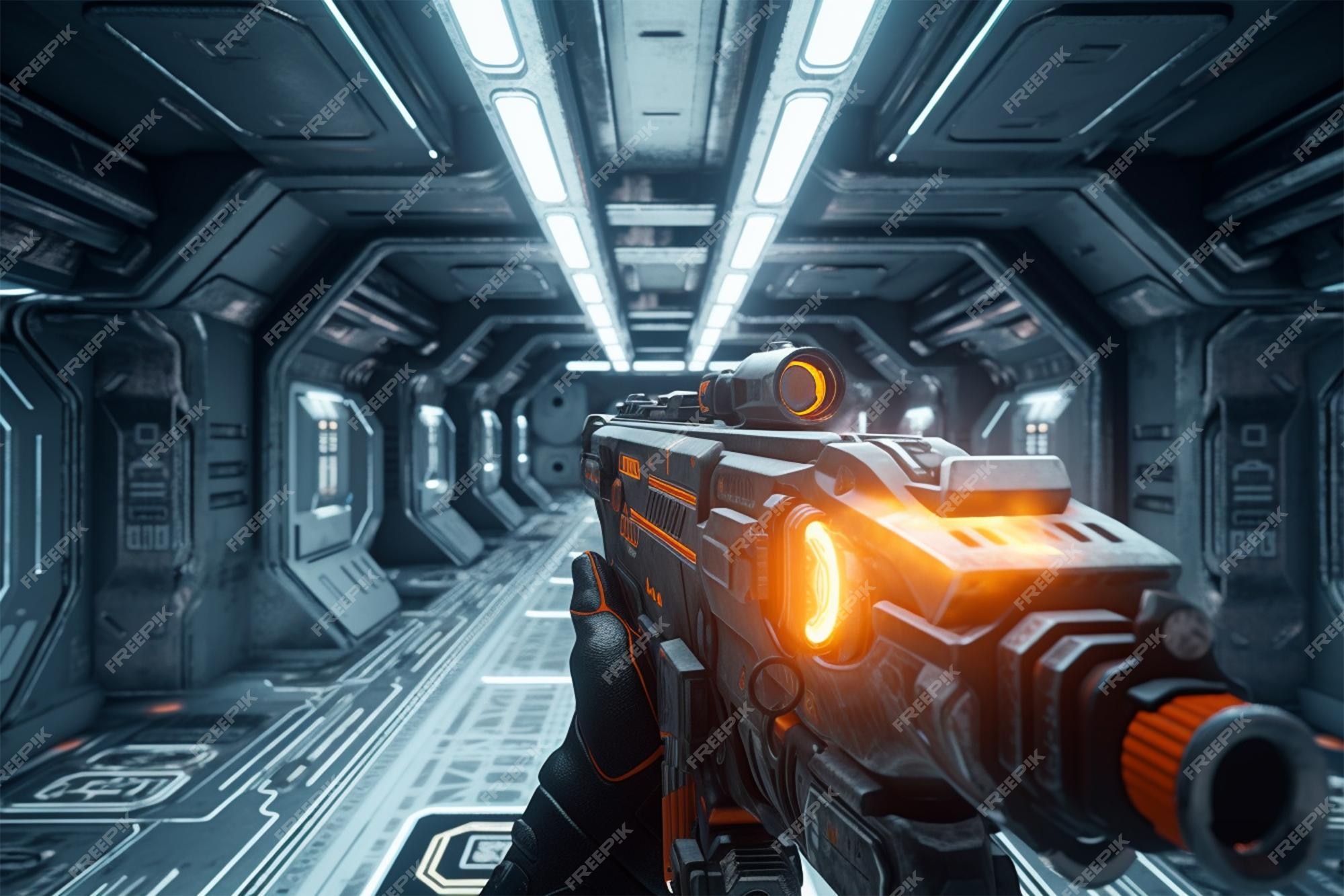 Armas de jogo de tiro em primeira pessoa segurando rifle de arma futurista  no corredor de nave espacial scifi ai