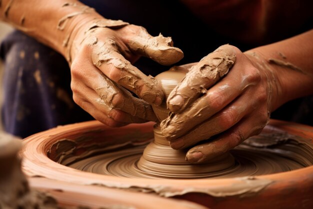 Braços humanos de perto palmas irreconhecíveis homem mulher mestre de cerâmica mãos esculpir vaso jarro