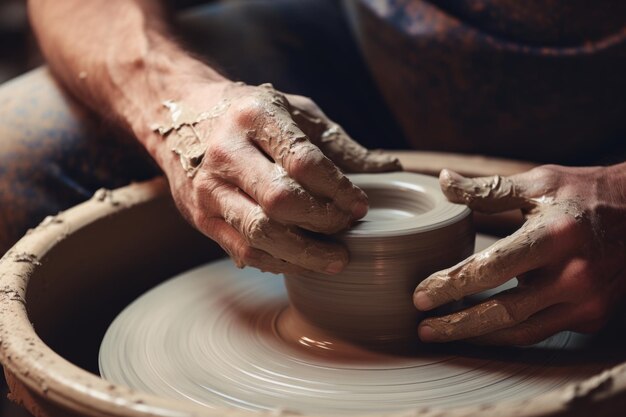 Braços humanos de perto palmas irreconhecíveis homem mulher mestre de cerâmica mãos esculpir vaso jarro