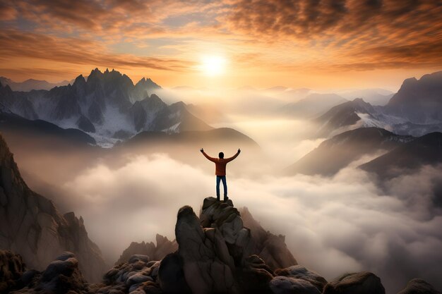 Foto braços levantados para o nascer do sol no topo da montanha simbolizando realização e sucesso