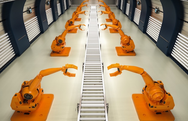 Foto braços robóticos de renderização 3d com linha de transporte na fábrica