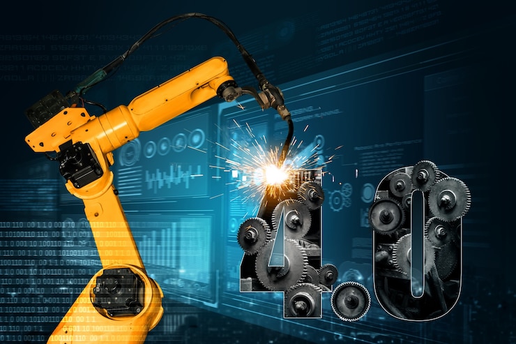 Foto braços robóticos industriais inteligentes para a tecnologia de produção de fábricas digitais
