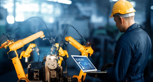 Foto braços robóticos inteligentes da indústria xai para tecnologia de produção de fábrica digital