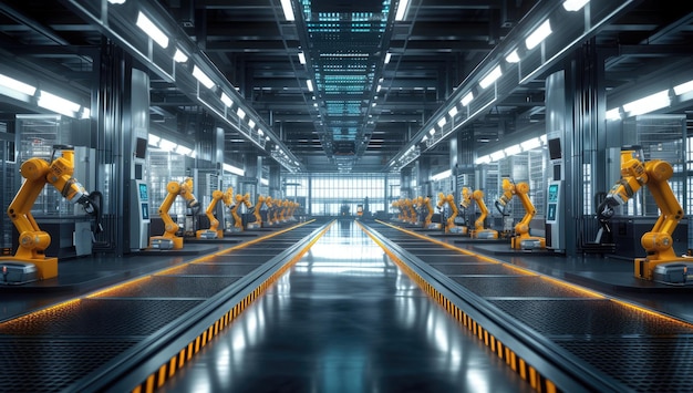 Braços robóticos trabalhando em uma linha de montagem em uma fábrica moderna
