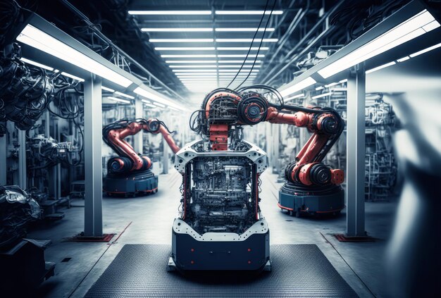 Foto braços robóticos trabalhando na fábrica de tecnologia moderna automação na indústria pesada generative ai