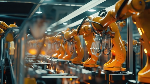 Braços robóticos trabalhando na fábrica futurista