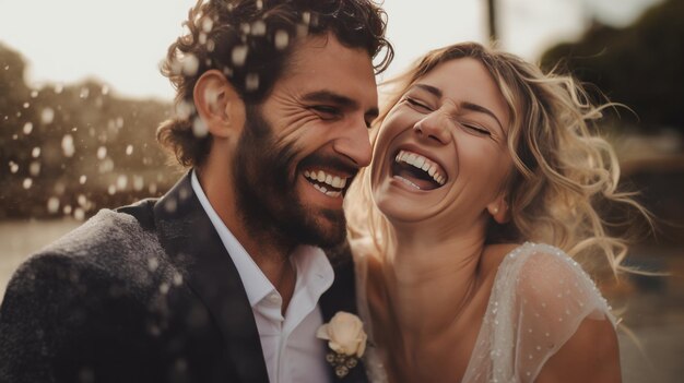 Bräute und Bräutigame lächeln mit geworfenen Wassertropfen
