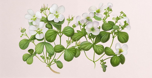 Brahmi (Bacopa Monnieri). Ilustração botânica em papel branco. As melhores plantas medicinais