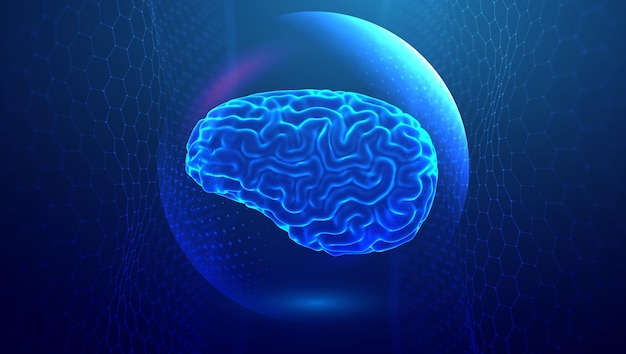 Brain power azul tecnología ilustración inteligencia artificial análisis de datos d renderizado hexágono