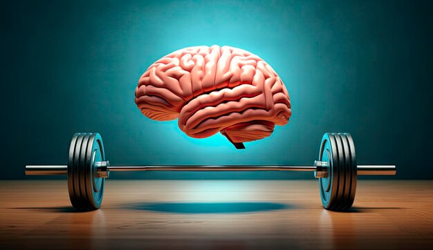 Brain-Power-Konzept mit schwimmendem Gehirn und Barbell