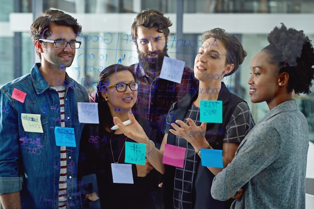 Brainstorming zum Erfolg Aufnahme einer Gruppe kreativer Geschäftsleute, die an einer Glaswand im Büro arbeiten