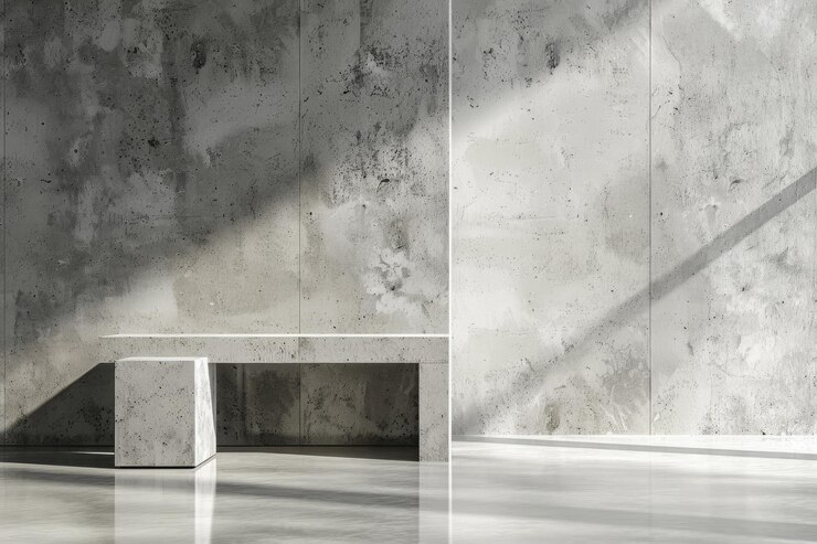 Foto branco minimalista e banquinho com painéis de concreto