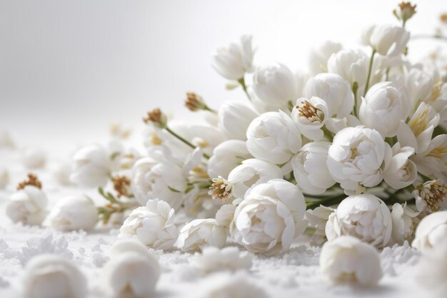 Foto branco sobre branco brancas flores delicadas na neve buquê de inverno e primavera