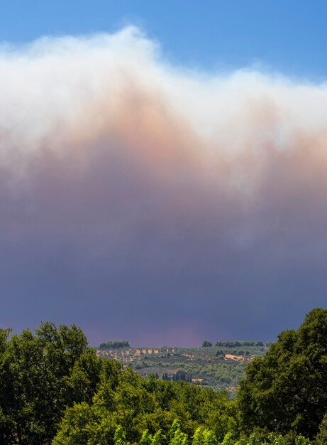 Brandstiftung im Sommer mit großem Rauch in den Bergen in einem griechischen Dorf auf der Insel Evia Griechenland