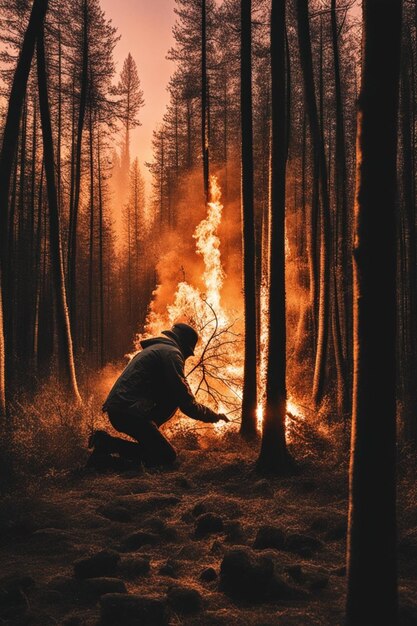 Foto brandstiftungspyromane, die bei sonnenuntergang den wald angezündet haben. rauch und feuer werden größer und größer.