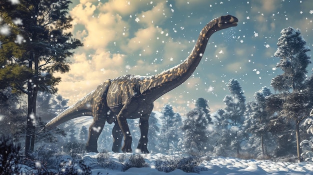 Un braquiosaurio altísimo alcanzando su largo cuello para atrapar copos de nieve con su lengua
