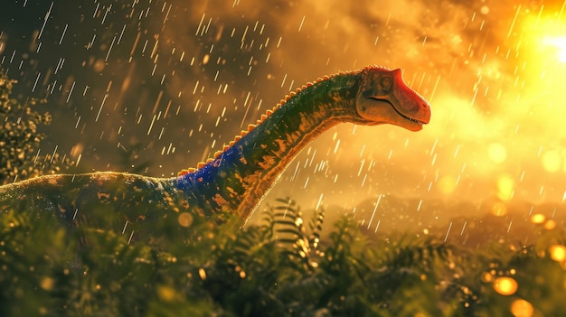 Un braquiosaurio de pie pacíficamente en un prado su cabeza inclinada hacia arriba mientras atrapa los rayos del sol