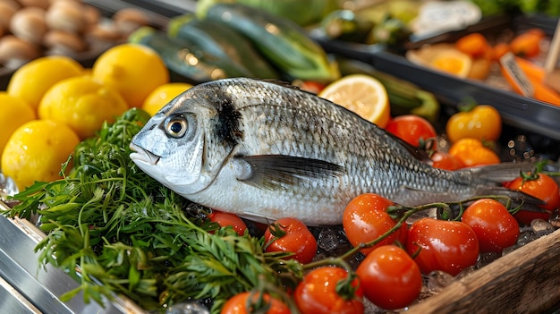 Foto brasa de mar fresca en medio de un mercado colorido conceptos de verduras mariscos productos frescos mercado fotografía de alimentos exhibición colorida