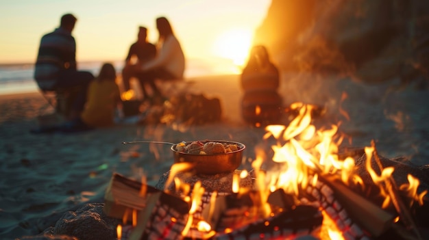 Las brasas bailan alrededor mientras el sol se pone proyectando un brillo cálido en un grupo acurrucado cocinando un