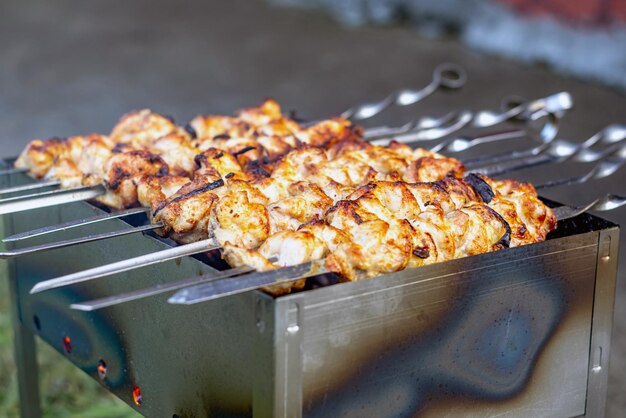 Brasero con carne ensartada en brochetas