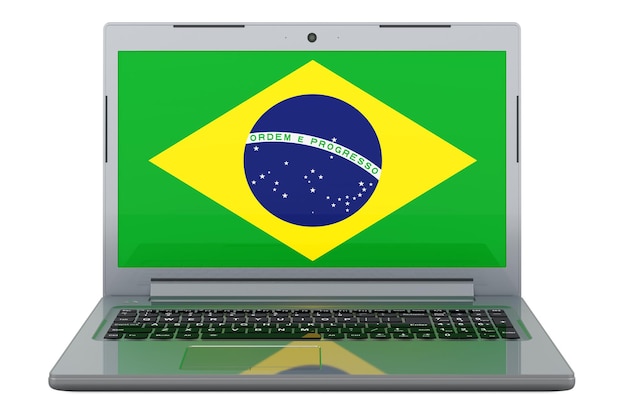 Brasilianische Flagge auf Laptop-Bildschirm 3D-Illustration isoliert auf weißem Hintergrund