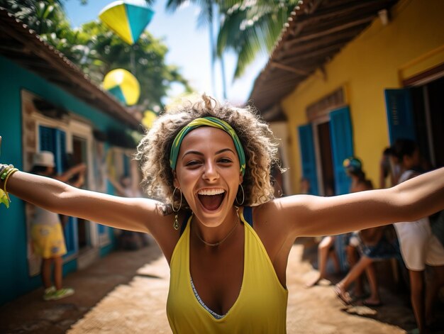 Foto brasilianische frau feiert den sieg ihrer fußballmannschaft