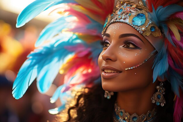 Brasilianische Tänzerin lächelt im Karneval und trägt ein Federnkostüm Generative KI